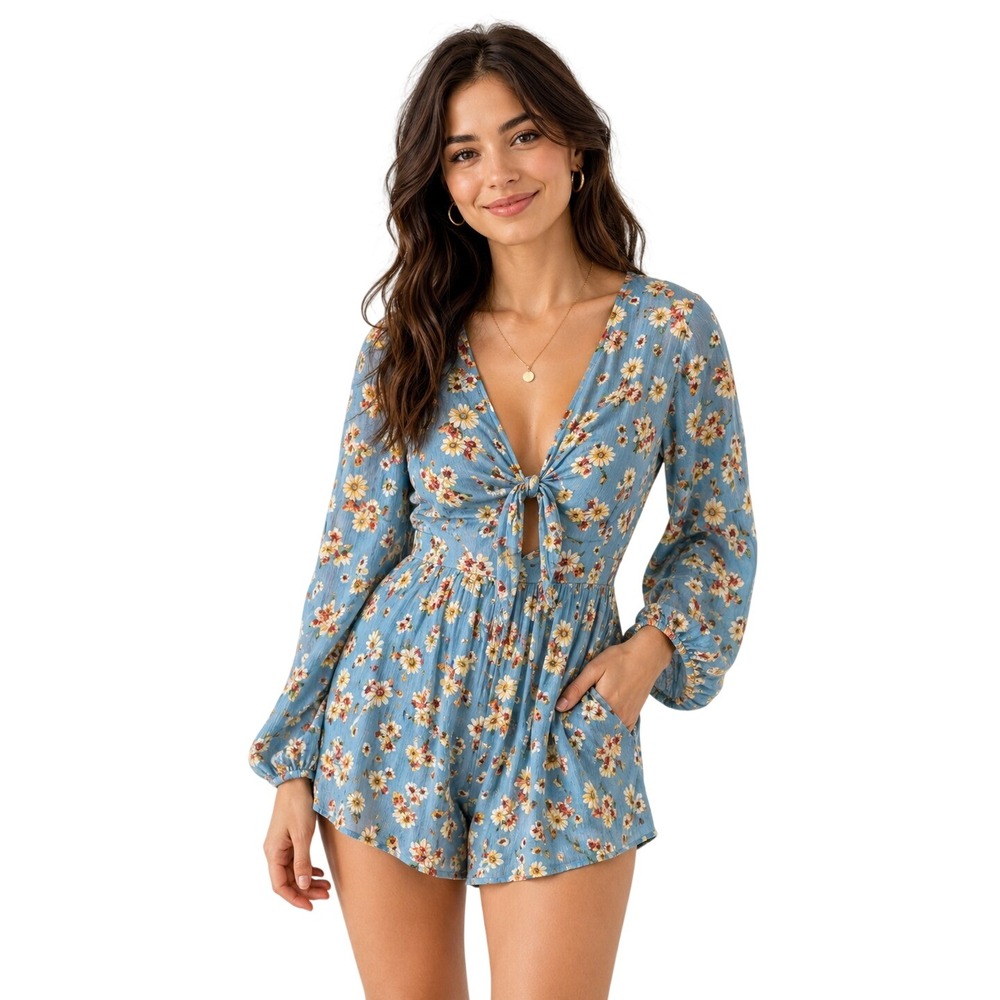 Altar'd State Floral Tie Front Romper Blue Orange Daisy Bell Sleeve XS‎
